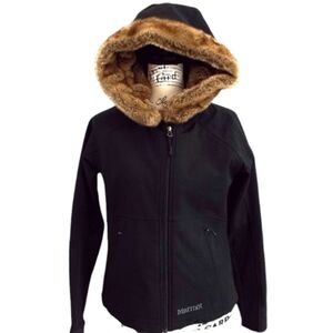 Marmot Black Jacket with Brown Faux Fur Hood Trim